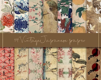 Vintage Japanese digital paper, vintage asian pattern, old Japan writing, antique texture, cherry blossom, grunge flowers, junk journal card