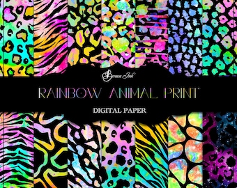Rainbow animal print digital paper, seamless pattern, leopard spots, tiger stripes, rainbow backdrop, black background, fabric design