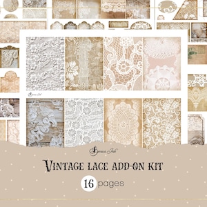 Vintage Spitzen Add-on-Kit, Junk Journal Ephemera Tags, Taschen aus Spitze, shabby chic Etiketten, ATC Karten aus Spitze, Umschlag aus Spitze