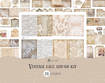 Vintage kanten uitbreidingskit, efemere labels voor junkjournal-tijdschriften, afdrukbare kanten zakken, shabby-chique labels, ATC-kaarten bruiloftkant, kanten envelop