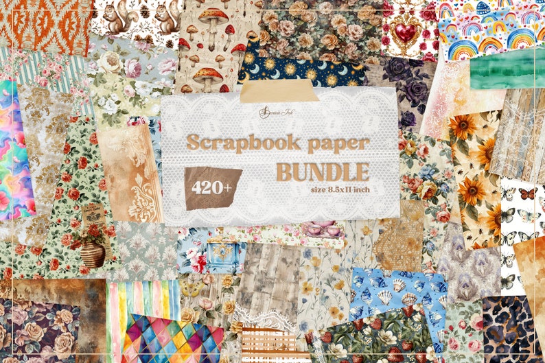 K&ouml;nnte beinhalten: Ein digitales Scrapbook-Papierpaket mit &uuml;ber 420 Designs. Die Papiere zeigen eine Vielzahl von Mustern, darunter florale, geometrische und abstrakte Designs. Die Papiere sind 8,5 x 11 Zoll gro&szlig;.