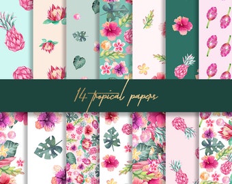 Tropical pink digital paper, floral paper, summer pattern, aloha paper, pineapple background, tropic paper, hibiscus paper