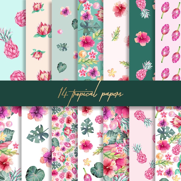 Tropical pink digital paper, floral paper, summer pattern, aloha paper, pineapple background, tropic paper, hibiscus paper