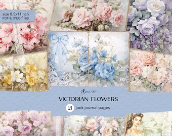 Victoriaanse bloemendagboekpagina's, pastelkleurige bloemen junkjournaal, digitaal rozendagboek, pastel shabby chic bloemen, vintage botanisch plakboek