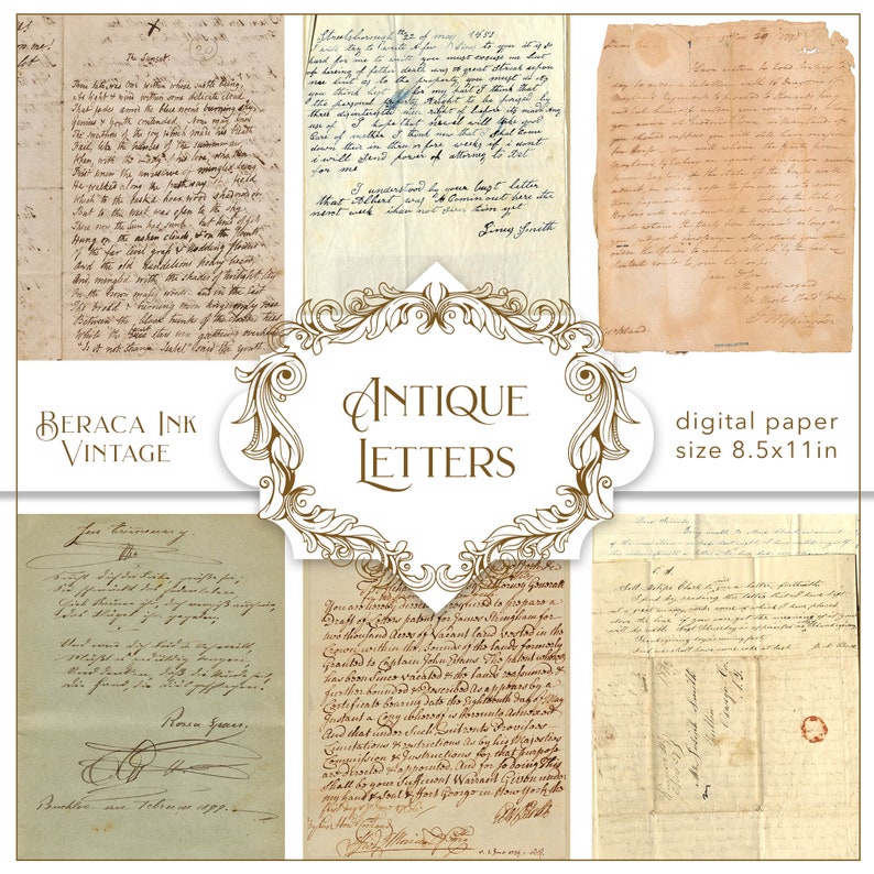 May include: Antique letter paper digital paper pack with a vintage aesthetic. The paper is aged and has a distressed look. The paper is 8.5 inches by 11 inches.
