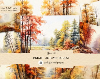 Helles Herbstwald Junk Journal, druckbares digitales Herbst Journal, Wald Collage Blatt, Vintage Herbst Scrapbook, Thanksgiving Ephemera