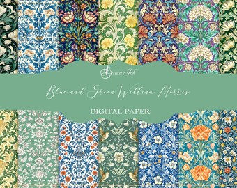 Blauwgroen digitaal papier van William Morris, naadloos vintage patroon, bloemenbehang, klassiek herhalingspapier, decoratief collagepapier