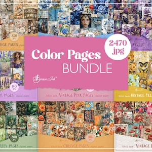 K&ouml;nnte beinhalten: Eine Collage aus 2470 digitalen Papierseiten in verschiedenen Farben, darunter Beige, Lila, Lavendel, Rosa, Gelb, Gr&uuml;n, Orange und Rot. Jede Farbkategorie ist mit der Anzahl der enthaltenen Seiten gekennzeichnet. Der Text "Color Pages Bundle" wird in einer gro&szlig;en Schriftart angezeigt.