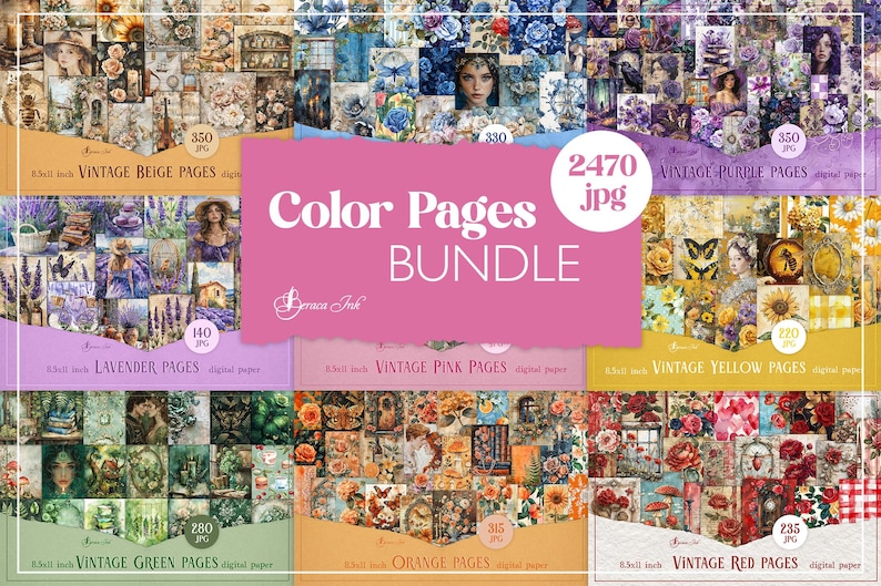 K&ouml;nnte beinhalten: Eine Collage aus 2470 digitalen Papierseiten in verschiedenen Farben, darunter Beige, Lila, Lavendel, Rosa, Gelb, Gr&uuml;n, Orange und Rot. Jede Farbkategorie ist mit der Anzahl der enthaltenen Seiten gekennzeichnet. Der Text "Color Pages Bundle" wird in einer gro&szlig;en Schriftart angezeigt.