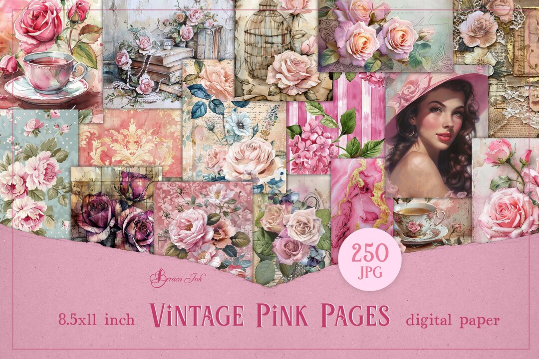 Vintage Pink Junk Journal Pages Bundle, Floral Digital Paper, Flower ...