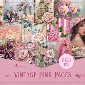 Vintage pink junk journal pages bundle, floral digital paper, flower journal, shabby chic scrapbook, pink roses journal, princess background