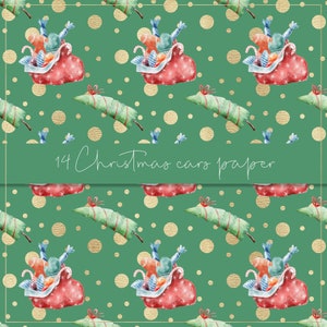 Pu&ograve; includere: Motivo ripetuto con illustrazioni ad acquerello di slitte di Babbo Natale, alberi di Natale e pois dorati su sfondo verde. Il testo "14 Christmas cars paper" &egrave; visualizzato in scrittura bianca.