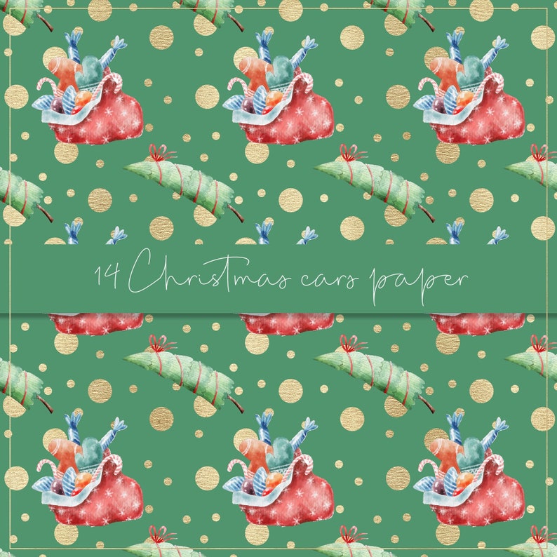 Pu&ograve; includere: Motivo ripetuto con illustrazioni ad acquerello di slitte di Babbo Natale, alberi di Natale e pois dorati su sfondo verde. Il testo "14 Christmas cars paper" &egrave; visualizzato in scrittura bianca.