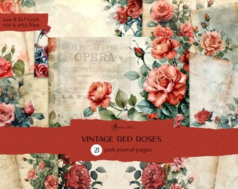 Vintage red roses journal pages, english rose digital journal, vintage rose ephemera, shabby chic scrapbook, romantic botanical background