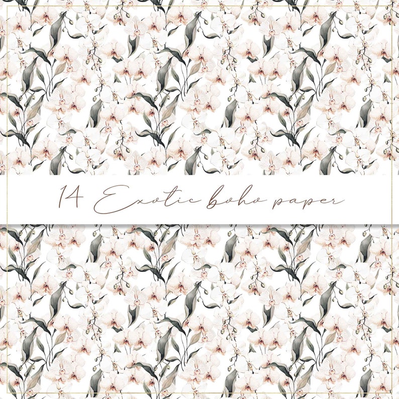 palm leaves seamless pattern white orchids paper Exotic boho digital paper tropical background palm exotic leaves watercolor flower