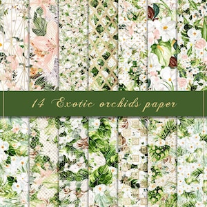 Exotische Orchideen digitales Papier, weiße Orchideen Papier, Blumen Hintergrund, Palmen Blätter Papier, Blumenmuster, Gold geometrisch, tropische Tapete