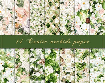 Exotic orchids digital paper, white orchids paper, flower background, palm leaves paper, floral pattern, gold geometric, tropical wallpaper