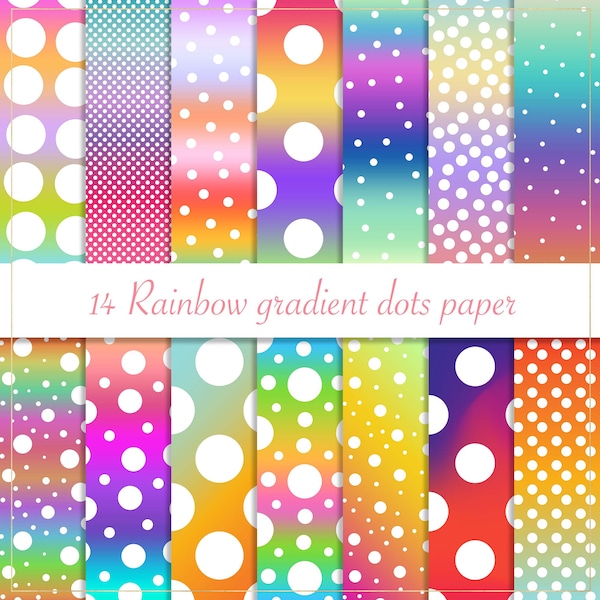 Rainbow gradient dots digital paper, polka dots backdrop, rainbow dots pattern, confetti background, retro dots paper, happy colourful dots