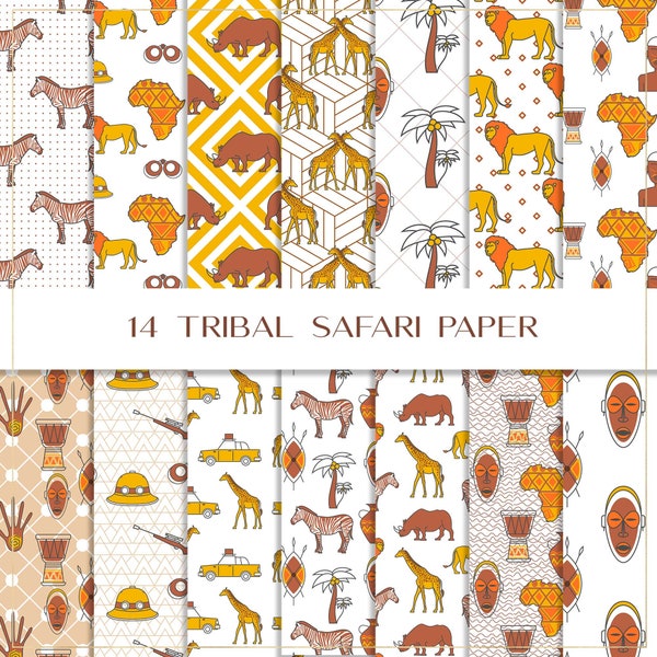 Tribal safari digital paper, seamless paper, jungle animals, african safari, zoo background, hunting pattern, geometric pattern, giraffe