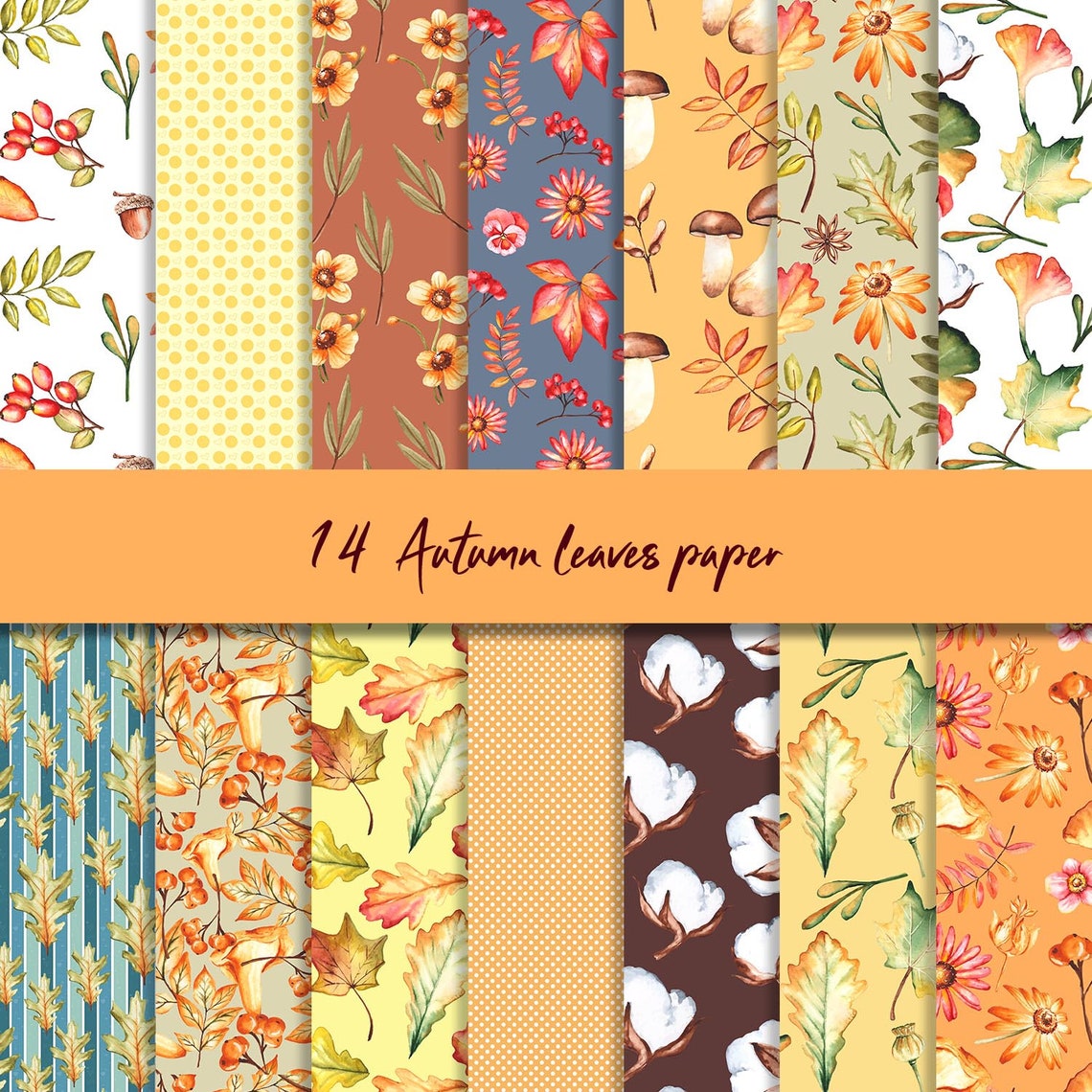 Autumn Leaves Digital Paper Watercolor Autumn Paper Cotton | Etsy
