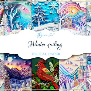 May include: A selection of winter-themed digital paper designs. The artwork features colourful, layered paper cutouts of winter landscapes, including snowy mountains, trees, and a church. The text "Winter quiling DIGITAL PAPER" is displayed.
