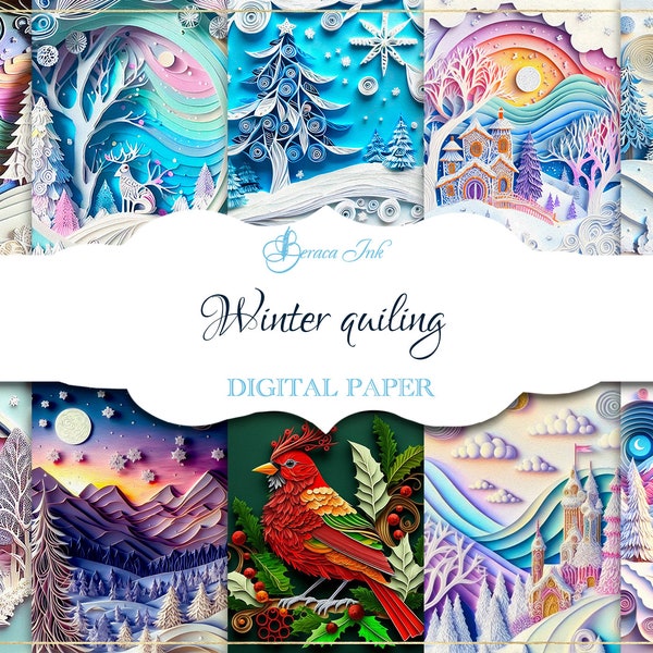 Papier numérique pour quilling d'hiver, scène de Noël rose pastel, quilling en papier, scrapbooking de cartes de Noël, art mural paysage d'hiver