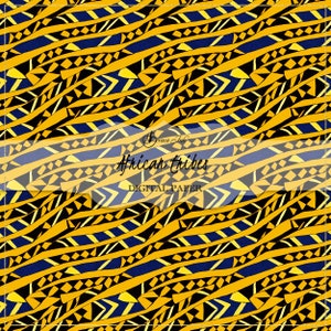 May include: A digital paper design featuring a repeating pattern of yellow, blue, and black geometric shapes. The text "African Tribes" is centered on the image.
