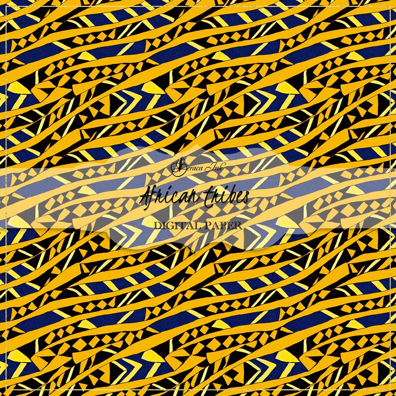May include: A digital paper design featuring a repeating pattern of yellow, blue, and black geometric shapes. The text "African Tribes" is centered on the image.