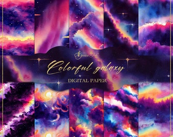Papel digital de galaxia colorida, patrón sin costuras, fondo del sistema solar, fondo celestial, universo de acuarela, diseño de tela de arco iris