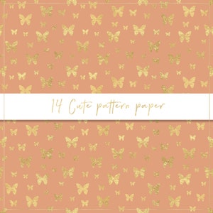 Papier numérique à motif mignon, papier sans couture, coeurs dorés, fond pastel, lune et étoiles dorées, papillons, coeurs métalliques, pois image 8