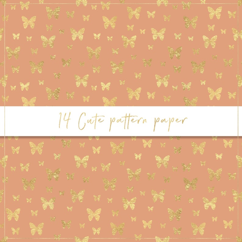Papier numérique à motif mignon, papier sans couture, coeurs dorés, fond pastel, lune et étoiles dorées, papillons, coeurs métalliques, pois image 8