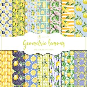 Papier numérique géométrique citrons, motif transparent, toile de fond agrumes, citron aquarelle, conception de tissu, papier à rayures jaunes, papier de scrapbooking
