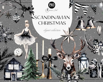 Clipart de Navidad escandinava, clip art PNG de Navidad escandinava, decoración de invierno, fondo transparente de ciervo, arte de IA, adornos negros, caja de regalo
