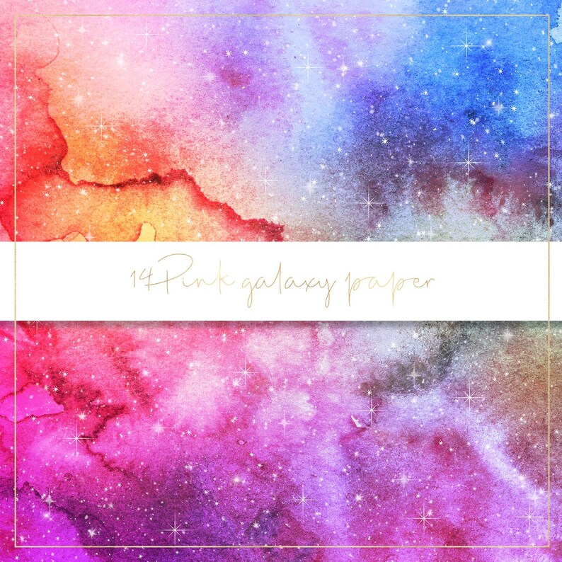 May include: A watercolor painting of a pink galaxy with stars. The text "14 Pink galaxy paper" is written in white on a white banner across the middle of the image.
