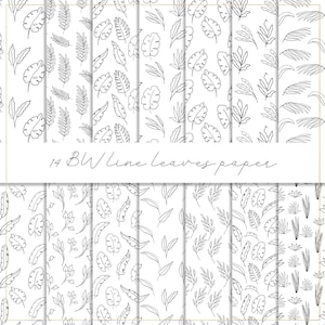 Schwarz-weiße Blätter digitales Papier, Blatt Musterdesign, Line Art, schwarze Blätter Hintergrund, moderne Tapete, Monstera Blatt, Palmenblätter