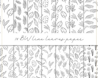 Black and white leaves digital paper, leaf seamless pattern, line art, black leaves background, modern wallpaper, monstera leaf, palm leaves