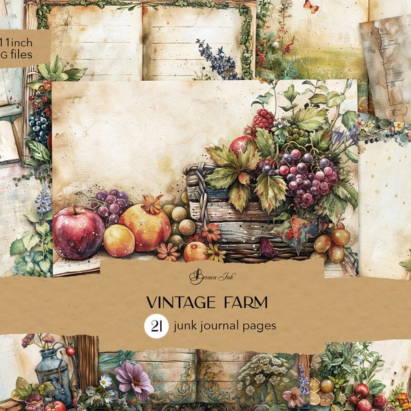 Vintage farm journal pages, rustic digital journal, thanksgiving scrapbook, autumn harvest journal, rural notebook, botanical florals paper