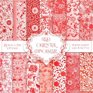 Rotes orientalisches digitales Papier, Tapete mit William Morris Muster, florale Chinoiserien, rotes Papier, vintage, Jugendstil