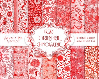 Red oriental digital paper, botanical wallpaper, William Morris pattern, floral chinoiserie, vintage red paper, letter size, art nouveau