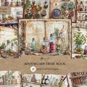 Pagine di diario del libro di erbe aromatiche dell'apotecario, diario di spazzatura dell'apotecario, carta per pozioni medicinali, collage di erbe e spezie, album di ritagli botanici vintage