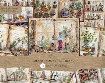 Apotheker kruidenboek dagboekpagina's, apotheker junk dagboek, medicijndrankpapier, kruiden- en specerijencollage, vintage botanisch plakboek