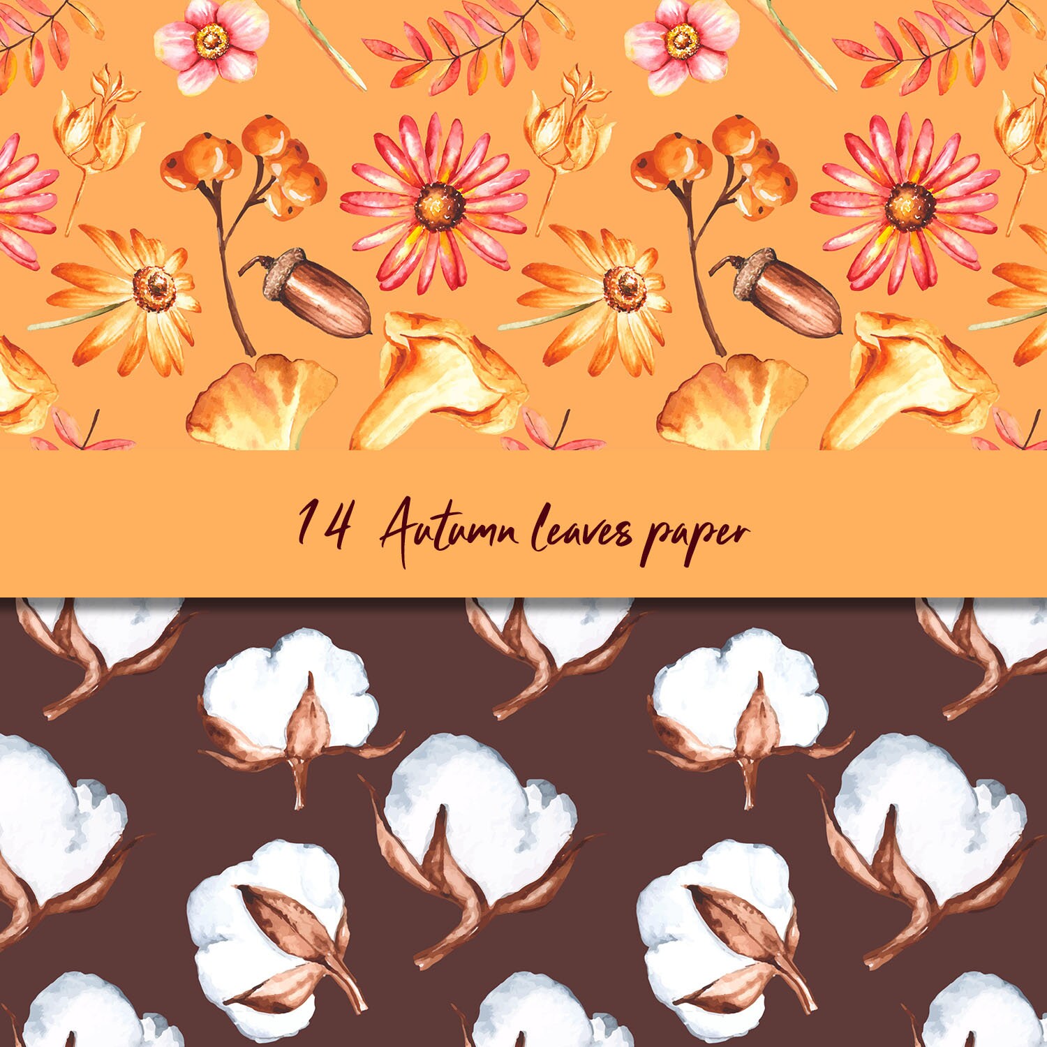 Autumn Leaves Digital Paper, Watercolor Autumn Paper, Cotton Flower ...