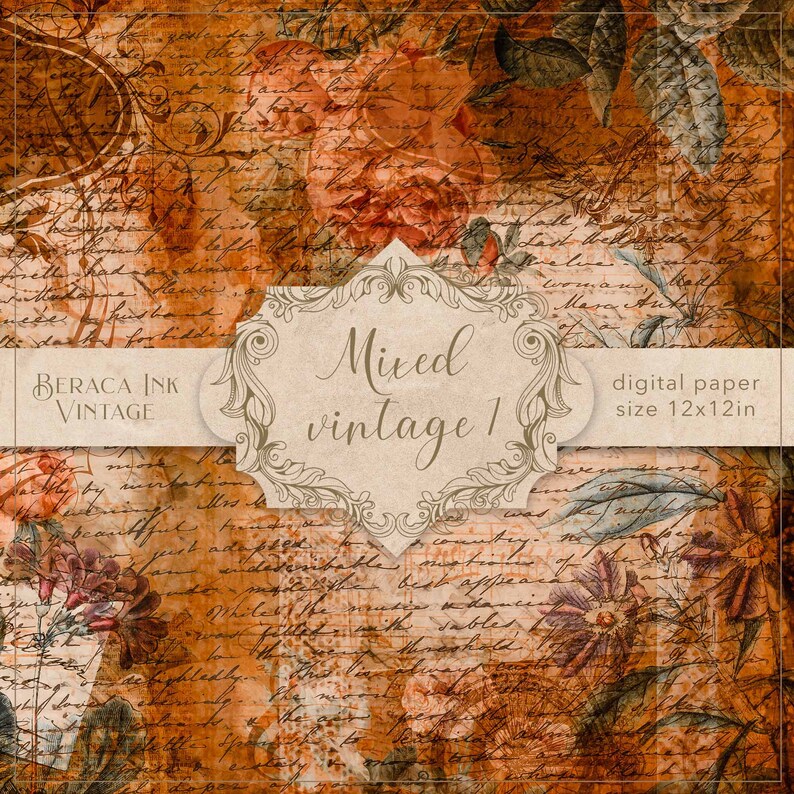 May include: A digital paper background with a vintage floral pattern and handwritten text. The paper is in shades of brown, orange, and red. The text reads "Mixed vintage 1" and "digital paper size 12x12in".