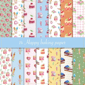 Glückliches Backen digitales Papier, nahtlose Muster, rosa Pastellpapier, Kuchen Tapete, Küchenutensilien, Kekse Hintergrund, Aquarell Textur