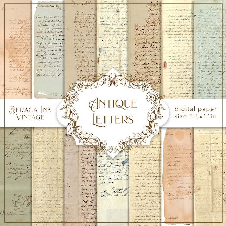 May include: A digital paper pack with 10 antique letter pages in various shades of brown, beige, and cream. The pages are filled with handwritten text and have a vintage aesthetic. The text on the image reads "Antique Letters" and "digital paper size 8.5x11in".