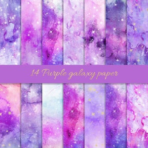 May include: A set of 14 digital papers featuring a purple galaxy design with gold glitter stars. The papers are ideal for scrapbooking, card making, and other craft projects.