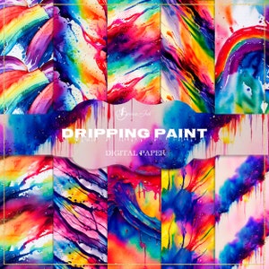 May include: A set of 10 digital papers featuring abstract watercolor designs in vibrant colors, including red, orange, yellow, green, blue, purple, and pink. The papers have a dripping paint effect and are perfect for creating backgrounds, scrapbooking, and other creative projects.