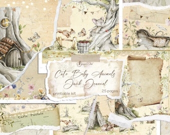 Cute baby animals junk journal kit, printable baby album, fairytale woodland journal, whimsical collage, vintage forest animals scrapbook
