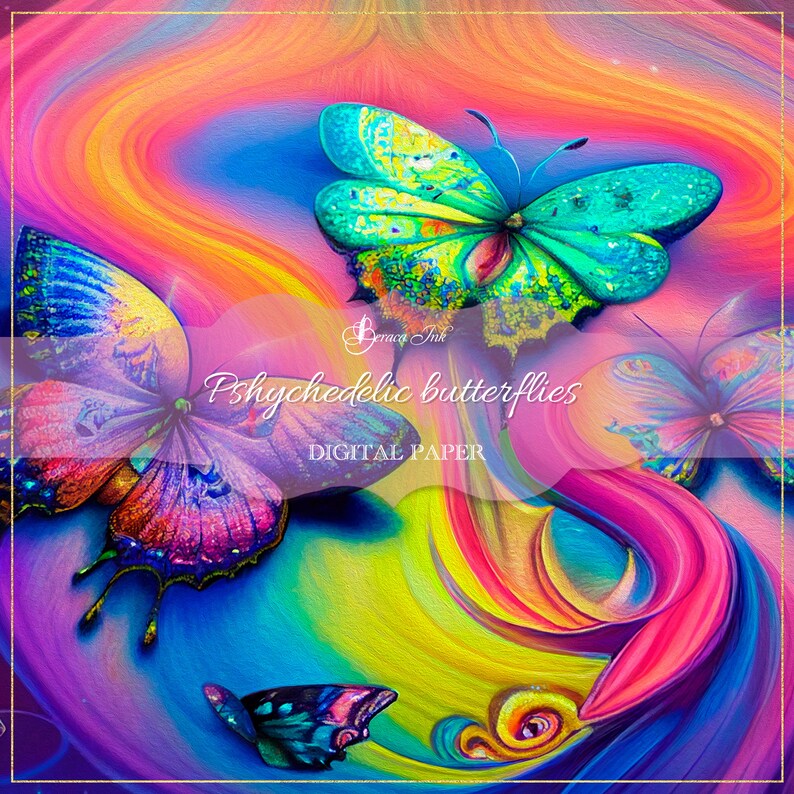 Psychedelic butterflies digital paper, colorful background, pink butterflies scrapbooking, rainbow butterfly paper, junk journal supplies image 4