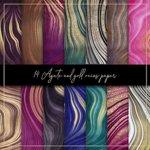 Puede incluir: Un conjunto de 14 papeles digitales con patrones de ágata y vetas doradas en varios colores, incluyendo morado, azul, verde y rosa. Los papeles son perfectos para proyectos de manualidades, scrapbooking y diseño digital.